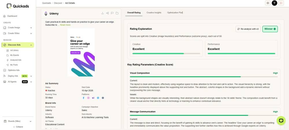 Quickads AI creative and performance score rating an ad as a winner