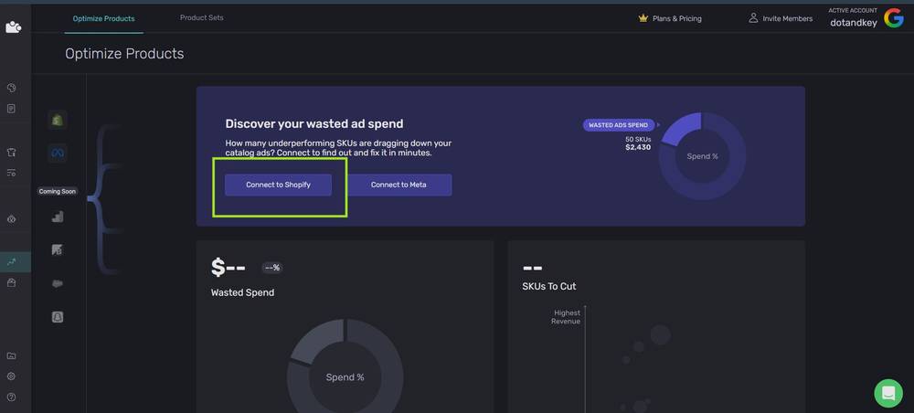 Marpipe optimize products screen requiring a connected Shopify e-commerce feed