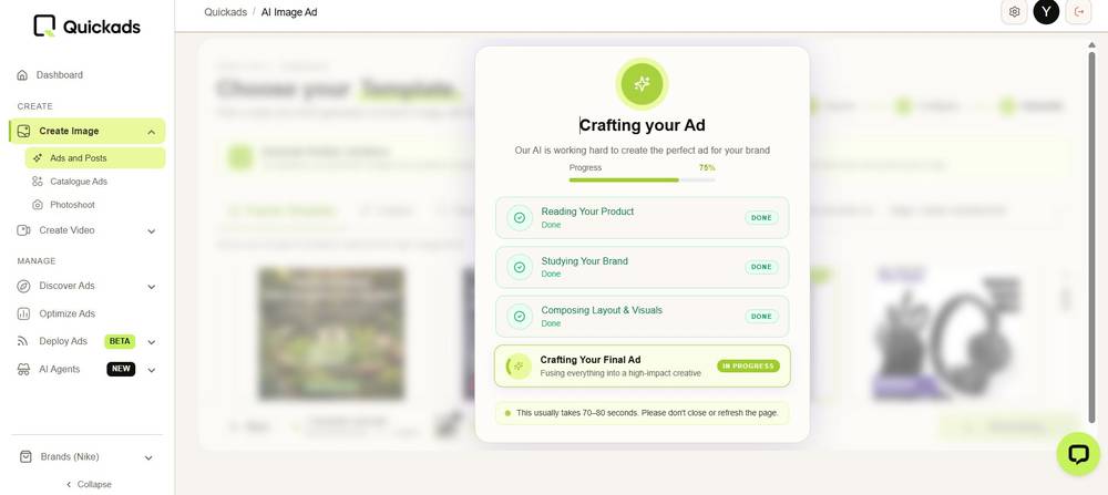 Quickads AI crafting a finished ad from a product and brand automatically