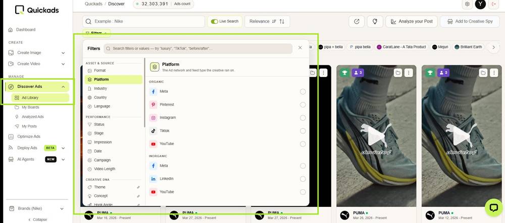 Quickads ad library with millions of live competitor ads and advanced filters