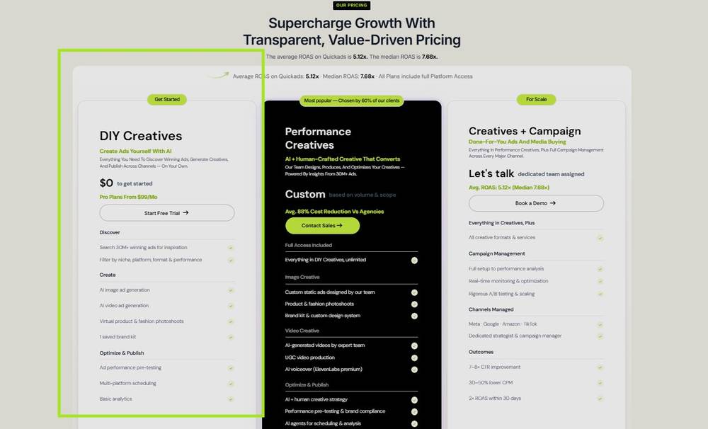 Quickads transparent pricing with a free plan and clear tiers