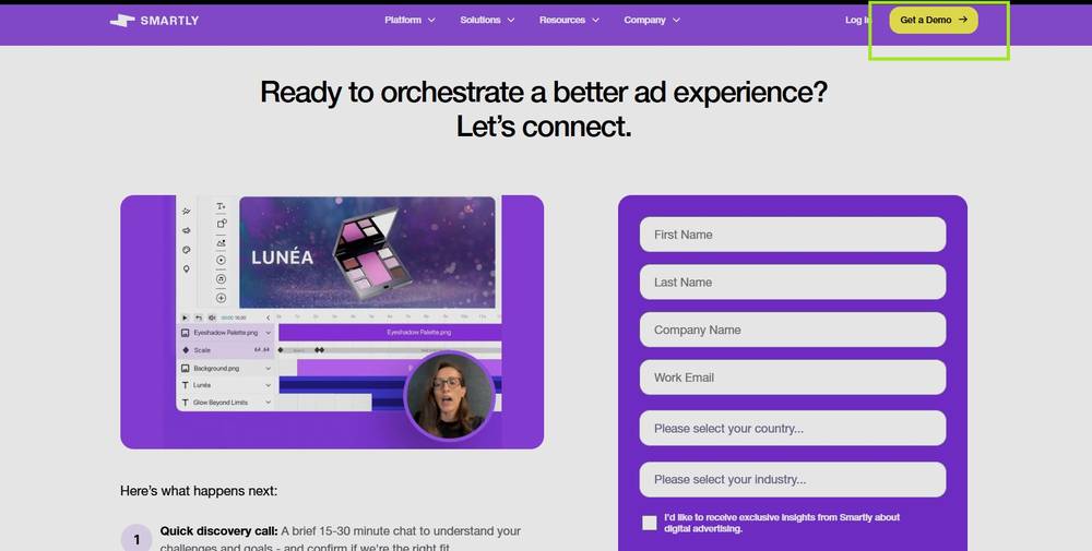 Smartly get a demo form gating access behind a sales call, no public pricing