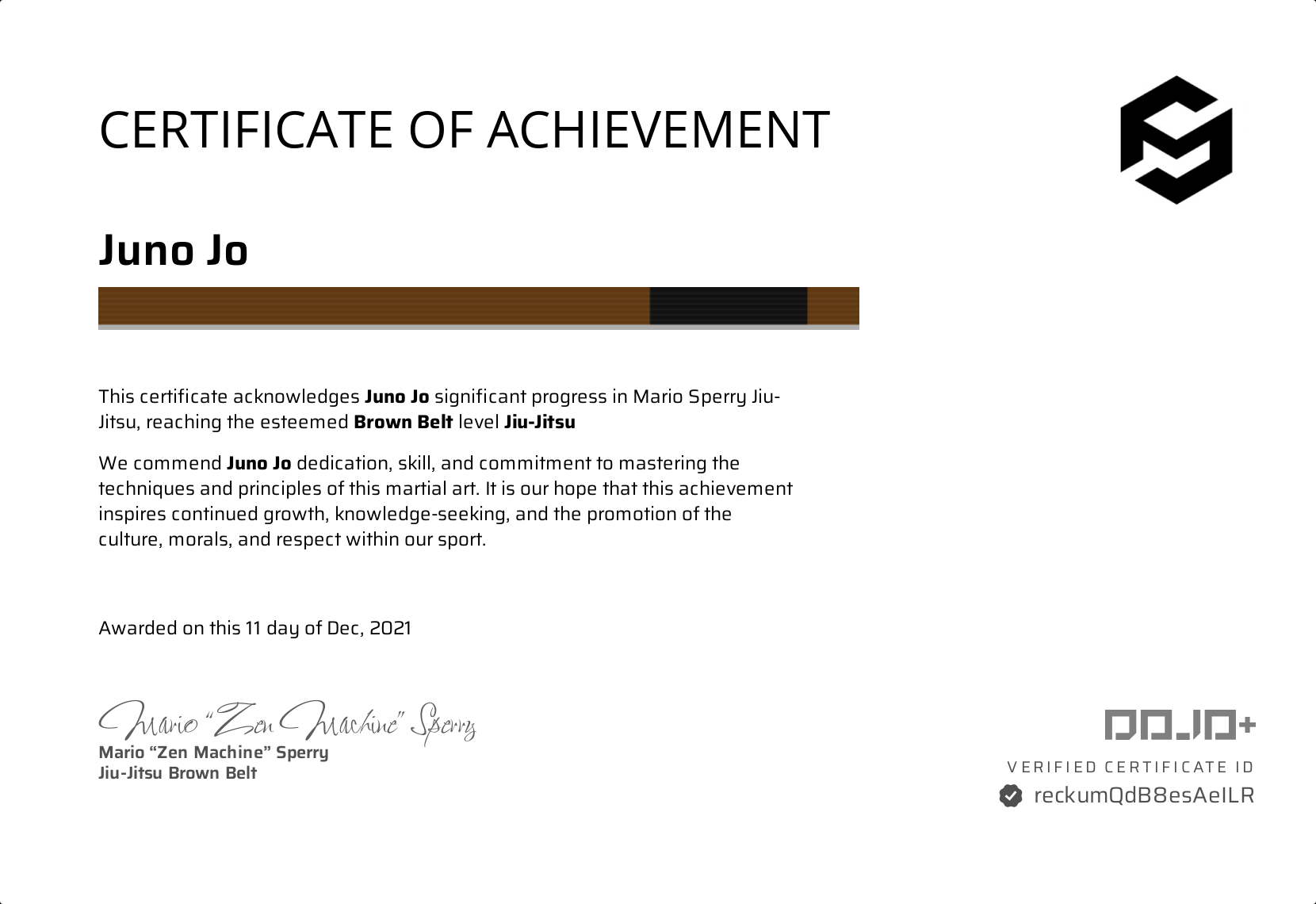 Brown Belt Jiu-Jitsu certificate for Fernando Juno Jo