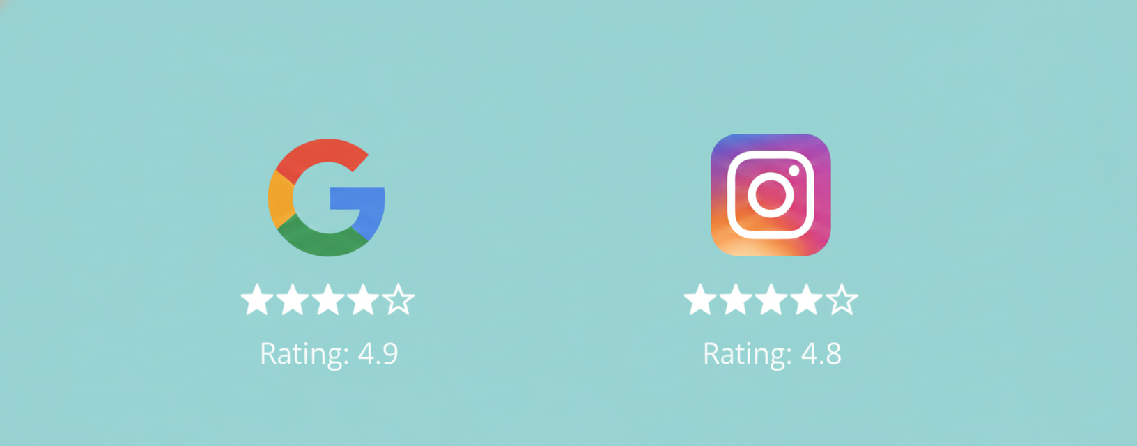 A smartphone display showing high user ratings for Neo Smile Dental Hospital, featuring a 4.9-star Google review and a 4.8-star Instagram rating against a teal #4BC7C9 background.