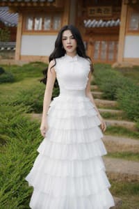 Sò Vintage  Váy trắng tầng dáng dài đính nơ Aura dress đi tiệc tại Đà Nẵng size S