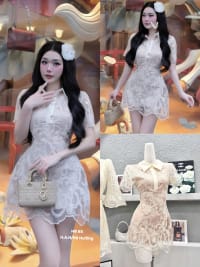 Váy ren thêu cổ sơ mi dáng ngắn thanh lịch cho nữ đi tiệc tại Đà Nẵng size M