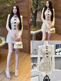 Váy ren tay dài dáng ngắn đính nơ tôn dáng tiểu thư đi tiệc tại Đà Nẵng size M