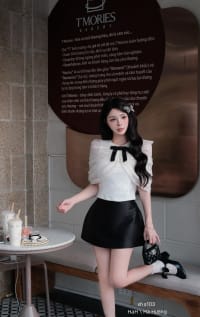 Set áo ren kem đính nơ đen mix chân váy đen tafta dáng ngắn tiểu thư đi tiệc tại Đà Nẵng size M