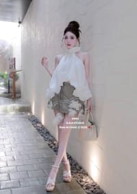 Set áo cổ yếm dáng bí thụng kèm chân váy ngắn đinh hoa tơ cao cấp đi tiệc tại Đà Nẵng size M