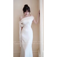 Váy lụa dự tiệc trễ vai phối nơ lệch vai lụa Hàn Châu đi tiệc tại Đà Nẵng size M