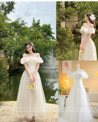 Sò Vintage - Đầm nữ trễ vai  dáng dài LAFOLIE tùng xòe lưới sang chảnh đi tiệc tại Đà Nẵng size M