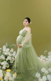 Váy bầu chụp ảnh dáng dài xanh tùng xòe 2 dây TKCC siêu phồng đi tiệc tại Đà Nẵng size L