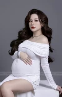 Váy dáng dài thun gân trễ vai co giãn xẻ đùi tôn dáng cho bầu đi tiệc tại Đà Nẵng size L