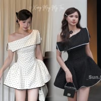 Váy Bonnie chấm bi  ĐEN/ TRẮNG phối ren dáng ngắn tôn dáng siết eo nữ đi tiệc tại Đà Nẵng size M