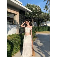 Set áo croptop trễ vai phối chân váy dài sang chảnh hottrend mặc hè đi tiệc tại Đà Nẵng size M
