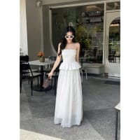 Đầm ống cúp nhún thun dáng xòe trắng đen, đầm maxi bo chun dáng xòe đi tiệc tại Đà Nẵng size M