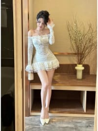 Váy ren trễ vai đan dây phối lưới ren nhún tay dài tôn dáng đi tiệc tại Đà Nẵng size M
