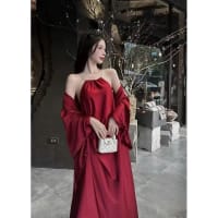 Set đầm lụa maxi cổ yếm dáng dài phối áo choàng siêu đẹp lên dáng sang chảnh đi tiệc tại Đà Nẵng size M
