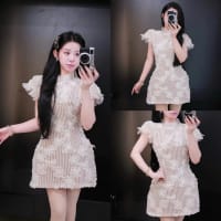 Váy nữ thiết kế dáng ngắn cổ tròn phối ren cườm đầm nữ tiểu thư dạo phố xinh xắn - ren cườm đi tiệc tại Đà Nẵng size M