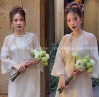 Áo dài hoa mẫu đơn màu be đi tiệc tại Đà Nẵng size M