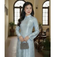 Áo dài xanh gấm truyền thống đi tiệc tại Đà Nẵng size M
