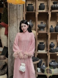 Áo dài hồng kim sa tay lông đi tiệc tại Đà Nẵng size M