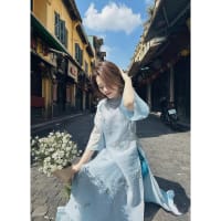 Áo Dài Cách Tân THƯ NHÃ Dành Cho Nữ Họa Tiết Ren Thêu  XANH DƯƠNG đi tiệc tại Đà Nẵng size M