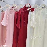 Set áo dài cách tân nữ tơ óng thắt nơ cúc bọc kèm quần lụa KEM/ ĐỎ/ HỒNG đi tiệc tại Đà Nẵng size M