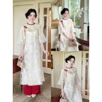 Áo Dài Cách Tân Dáng Suông Gấm Hoa Nổi đi tiệc tại Đà Nẵng size M
