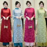 Áo dài suông cổ cúc tay loe gấm 4 màu ĐỎ/XANH/HỒNG/CỐM đi tiệc tại Đà Nẵng size M