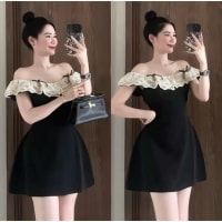 Váy nữ trễ vai đen phối ren kem xinh xắn Rope Dress đi tiệc tại Đà Nẵng size M