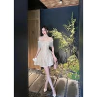 Váy dự tiệc trễ vai phối voan nơ tùng xoè rộng phồng A cúp ngực đám cưới đi tiệc tại Đà Nẵng size M