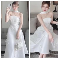 Váy Thiết Kế Cup Ngực Phối Dây Cổ Kết Nơ Dự Tiệc Chất Taffa đi tiệc tại Đà Nẵng size M