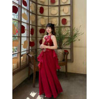 Set áo yếm đính hoa to buộc cổ tua rua chân váy lưng chun có kem choàng đi tiệc tại Đà Nẵng size M