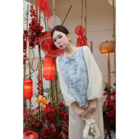 Set áo họa tiết thắt nơ cổ lượn sóng tay phồng quần lụa lưng chun đi tiệc tại Đà Nẵng size M
