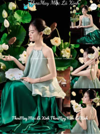 Set Áo yếm tết von tơ sống màu xanh mix chân váy dáng dài xòe đi tiệc tại Đà Nẵng size M