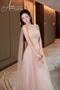 Váy dài hồng đính đá TKCC sang trọng đi tiệc đi tiệc tại Đà Nẵng size M