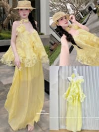Maxi vàng đi biển kèm dây choàng cổ hotrend đi tiệc tại Đà Nẵng size M