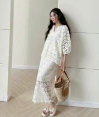 Set áo ren mix chân váy dài đi biển sang đi tiệc tại Đà Nẵng size M