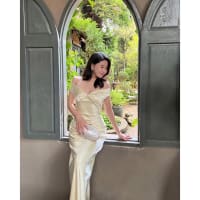 Đầm lụa thiết kế dáng dài đuôi cá vai trễ thanh lịch đi tiệc tại Đà Nẵng size M