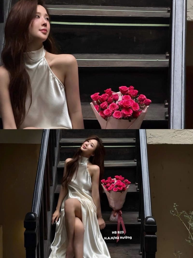 Set lụa latin cổ yếm buộc nơ lưng kèm chân váy dáng dài suông sang chảnh đi tiệc tại Đà Nẵng size M