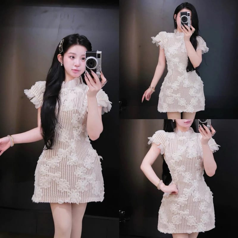 Váy nữ thiết kế dáng ngắn cổ tròn phối ren cườm đầm nữ tiểu thư dạo phố xinh xắn - ren cườm đi tiệc tại Đà Nẵng size M