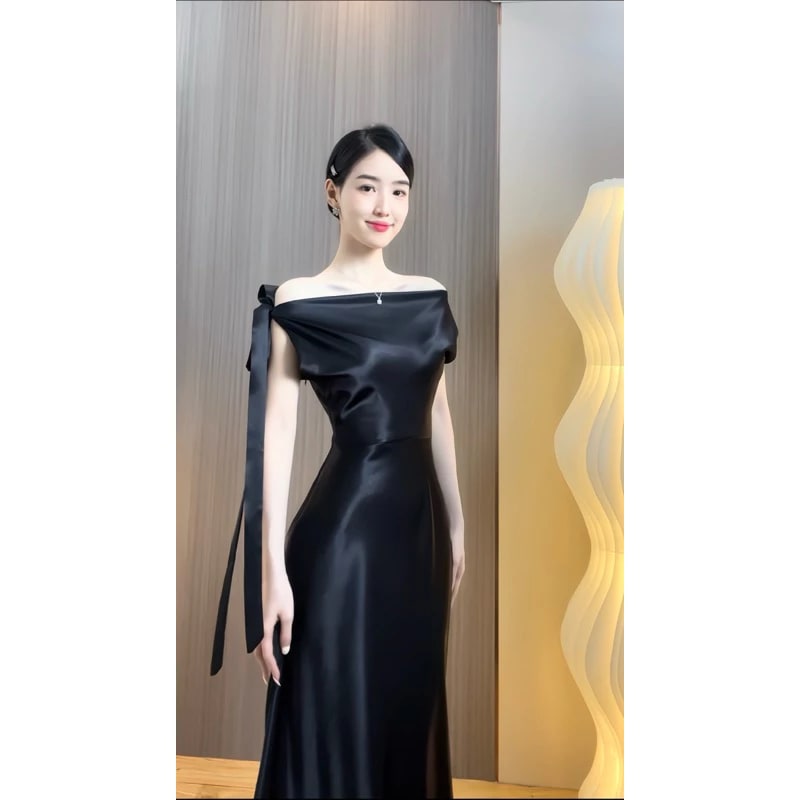 Váy dự tiệc thiết kế trễ vai phối nơ chất lụa hàn Đầm dự tiệc sang trọng-lụa lệch vai đi tiệc tại Đà Nẵng size M