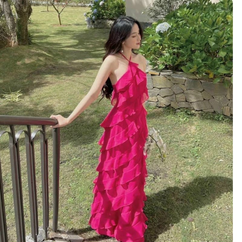 Váy yếm voan bèo gợn sóng thời trang nữ dự tiệc chất voan không tay dáng váy dài kiểu bút chì maxi trẻ trung đi tiệc tại Đà Nẵng size M