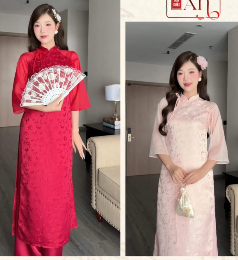 Áo Dài Dáng Suông THANH YÊN Vải Gấm Mềm Tay Voan Loe Nhẹ Nhàng HỒNG/ BE/ ĐỎ đi tiệc tại Đà Nẵng size M