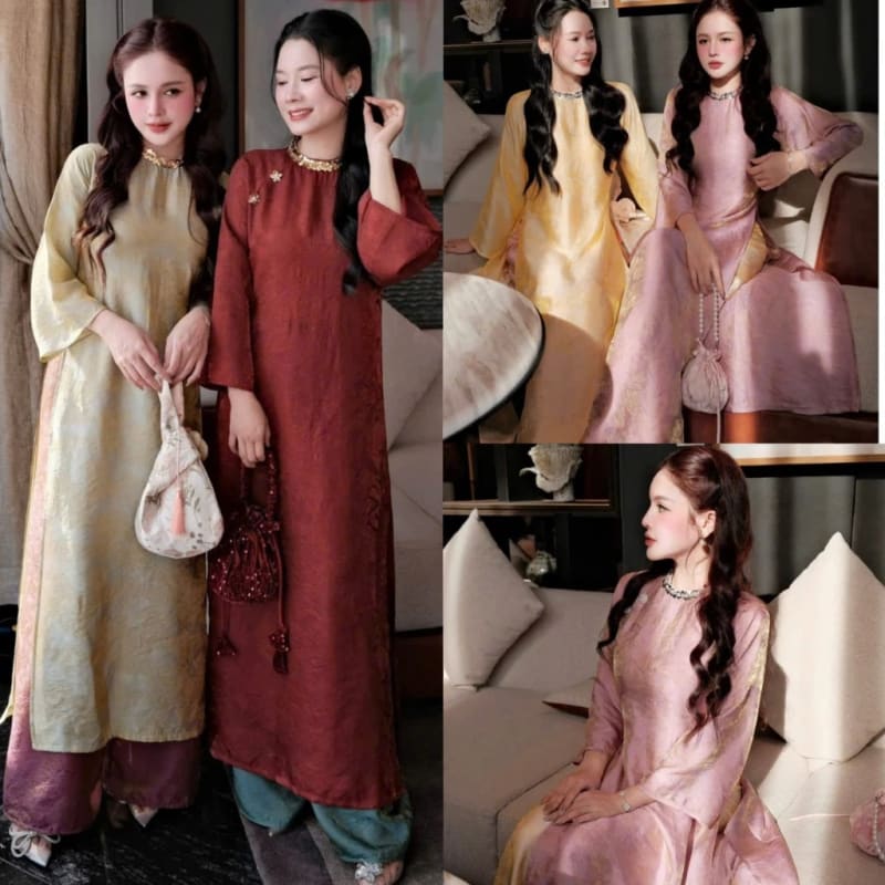 Set bộ áo dài in hoa thời trang nữ diện tết chất áo voan ánh kim cổ tròn tay dài kèm quần phi lụa ống suông dáng dài đi tiệc tại Đà Nẵng size M