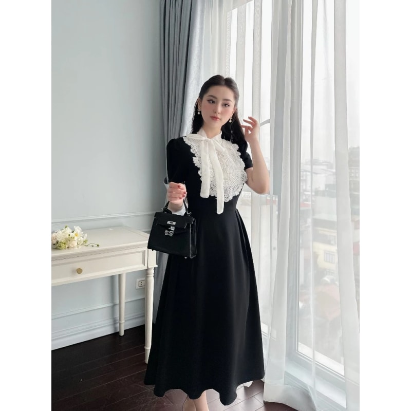 Váy tuyết mưa cao cấp nơ buộc cổ bèo phối ren, đầm đen trắng dáng xoè sang chảnh và thanh lịch đi tiệc tại Đà Nẵng size M