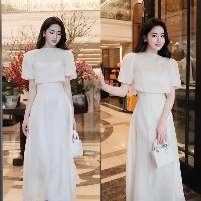 Set đầm dự tiệc thiết kế , váy tơ 2 dây kèm áo choàng đính hoa cao cấp đi tiệc tại Đà Nẵng size M