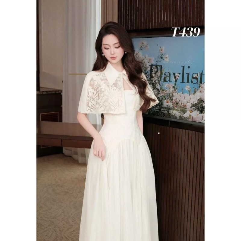 Set Váy Dự Tiệc Dáng Dài Cao Cấp Váy 2 Dây Dáng Xòe Phối Áo Choàng Ren Tiểu Thư Sang Chảnh dáng dài đi tiệc tại Đà Nẵng size M