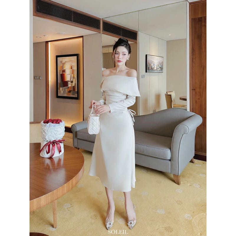 Váy Đầm Nữ Dáng Dài Trễ Vai SOLEIL ROOM Nhúng Hông Chống Nhăn Tôn Dáng đi tiệc tại Đà Nẵng size M